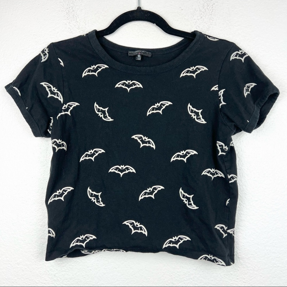 LOVE PEACE & LAZY DAYS Bat Cropped Boxy Tee, Black, Size Small
